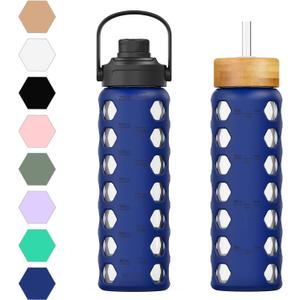 MUKOKO 24oz Glass Water Bottle with 2 Lids-Handle Flip Lid&Bamboo Straw Lid,Motivational Water Tumbler with Time Marker Reminder and Silicone Sleeve, Leakproof-Blue (Bule)