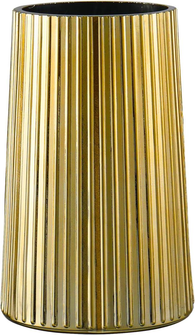 Gold Glass Vase for Flower, Flower Vase for Bouquet, Modern Glass Vases, Ribbed Vases for Living Room, Bedroom, Dining Table, Office, Wedding, Centerpieces, 8 Inches (Large)