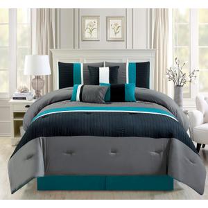 7 Piece Teal Blue/Grey/Black Pleated Bed in A Bag Microfiber Comforter Set Queen Size Bedding. Perfect for Any Bed Room or Guest Room