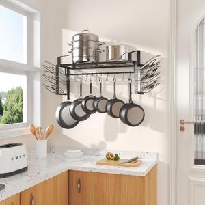 27-Inch Kitchen Pan Pot Rack Wall Mounted-Hanging Pots and Pans Organizer with 12 Hooks and 6 Pot Lid Holders,Heavy Duty Steel Pot and Pan Hanger for Cookware Utensils Storage, Screw-Upgraded Version