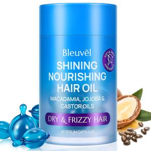 Hair Oil for Frizzy 40 Capsules  Hair Vitamin E, Jojoba & Castor Oils  Smooth, Nourish & Shine  Anti Frizz Serum for Women - Damaged, Dry and Curly  No Rinse with Scalp Massage Comb