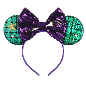 Foeran Mouse Ears Headbands, Sequin Mouse Ears Headband with Bow for Kids Adults Women, Accessories for Birthday Party (1 Count (Pack of 1), Mermaid/Starfish)