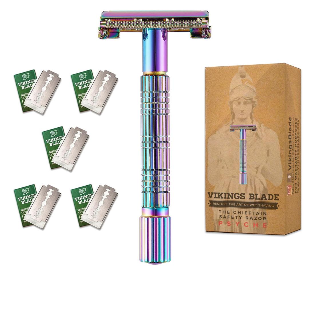 VIKINGS BLADE Safety Razor for Women + 5 Swedish Steel Blades. Quick Release Head, Double Edge. Smooth, Reusable, Recyclable (Model: Psyche) (Spectral Lights)