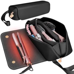 SS Hair Tools Travel Bag and Heat Resistant Mat for Hot Tools, Leather Curling Iron Case, Portable Essentials for Women, Black