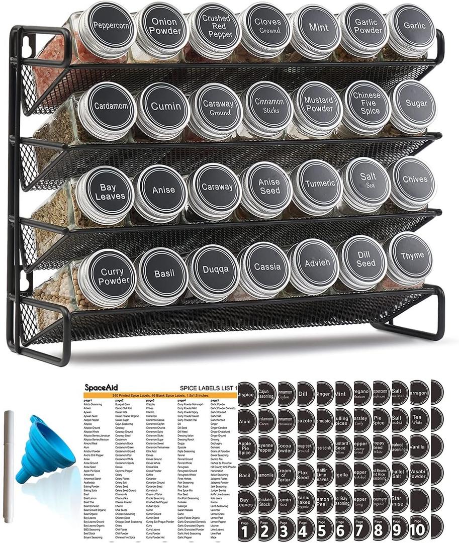 SpaceAid Spice Rack Organizer with 28 Spice Jars, 386 Spice Labels, Chalk Marker and Funnel Set for Cabinet, Countertop, Pantry, Cupboard or Door & Wall Mount - 28 Jars, 13.4" W 10.8" H, Black