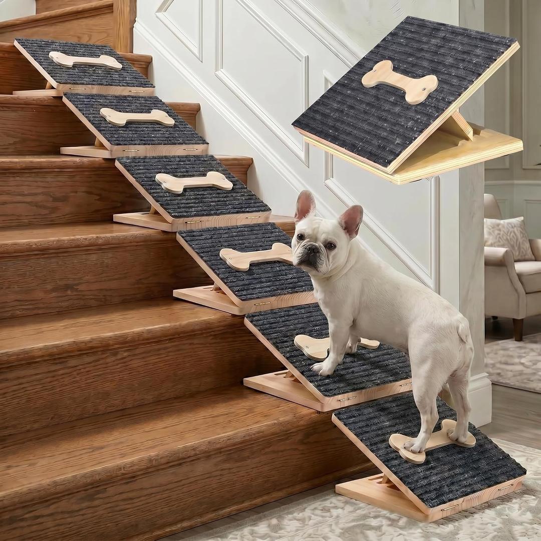 Dog Ramp for Stairs 6 Pack Foldable Pine Wood Dog Ramp | Adjustable Dog Stair Bed Ramp for Small ,Elderly,Short-Legged,Arthritic Pets with Non-Slip Bone Design –Supports 100 lbs