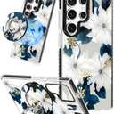 for Samsung Galaxy S25 Ultra Case for Women Girls - Cute Kawaii Compatible with Magsafe for Magnetic Ring Holder Stand Blue Flower Design Phone Cover Girly TPU Case for Galaxy S25 Ultra