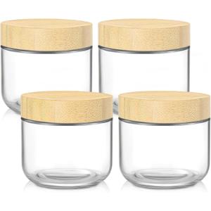 DRKIO 10 Oz Overnight Oats Containers with Bamboo Lids - 4 Pack Glass Storage Jars with Airtight Lids Wide Mouth Mason Food Jars Great for Meal Prep Salad Chia Pudding Snacks Yogurt Sugar Spice