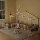 Double Twin Size L-Shaped Montessori Floor Bed Without Slats, Metal Corner House Bed Frame with Fence, White