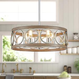 XINGQI Rustic Chandelier Brushed Nickel, Drum Chandeliers for Dining Room Modern Light Fixture Over Table Farmhouse Metal Wood Grain Pendant 5 Lights