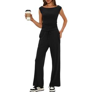 Darong Women 2 Piece Lounge Set Cap Sleeve Boat Neck Top Wide Leg Pants Set Summer Outfit Two Piece Mathing Set (Medium, Black(29" Inseam))