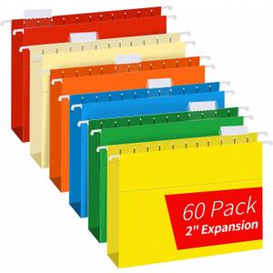 Extra Capacity Hanging File Folders, RAZCC 60 Pack Letter Size Reinforced Hanging Folders with Heavy Duty 2 Inch Expansion for Bulky Files, Filing Cabinet, Adjustable Tabs, Assorted Colors