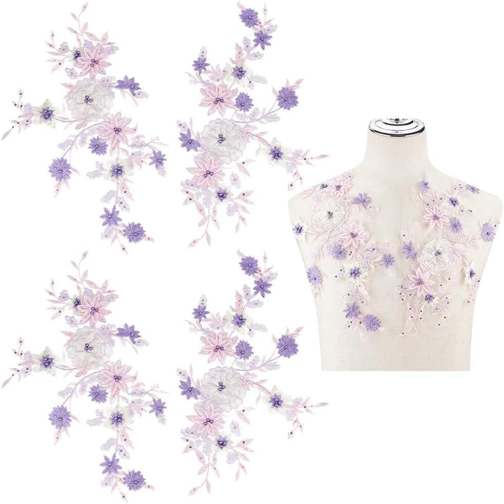 PLIGREAT 4 Pcs Beaded Applique Patches Flowers Embroidered Lace Appliques, Decorative Sewing On Lace Fabric Appliques for DIY Brides Dress Prom Dresses Wedding Clothes Decor Lace Dress Accessories