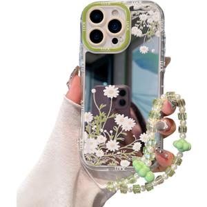 Compatible with iPhone 16 Pro Max Case, White Daisy Pattern Design,Shiny Mirror Case,2-in-1 with Beaded Wrist Strap,Soft TPU Frame, Shockproof and Anti-Shock, Suitable for Women & Girls