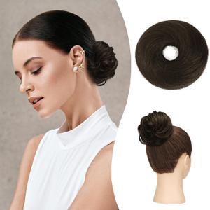 RUWISS Long Thin Straight Tousled Updo Bun Real Human Hair Elegant Hair Pieces Hair Bun Long Scrunchie Extension for Women 20g (Dark Brown)