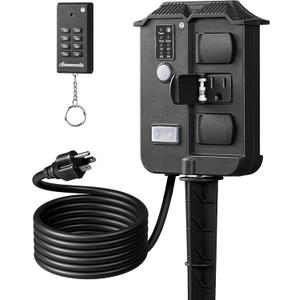 DEWENWILS Outdoor Power Stake Timer Waterproof, 6 Grounded Outlets, 6FT Extension Cord, 100FT Wireless Remote Control, Photocell Dusk to Dawn Timer for Lights, Yard, Garden, UL Listed, Black