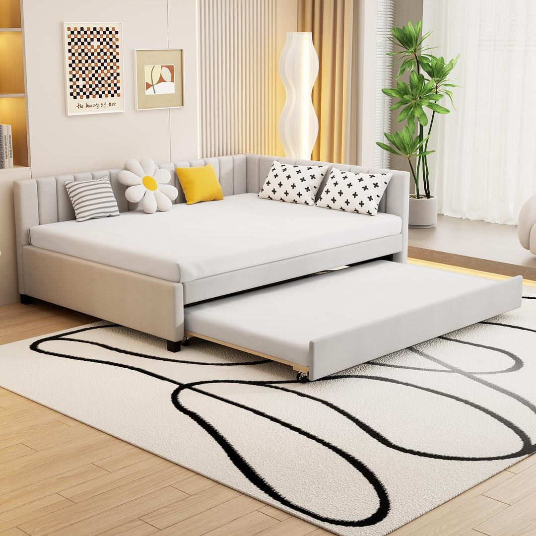 PVWIIK Upholstered Full Size Daybed with Trundle,Beige