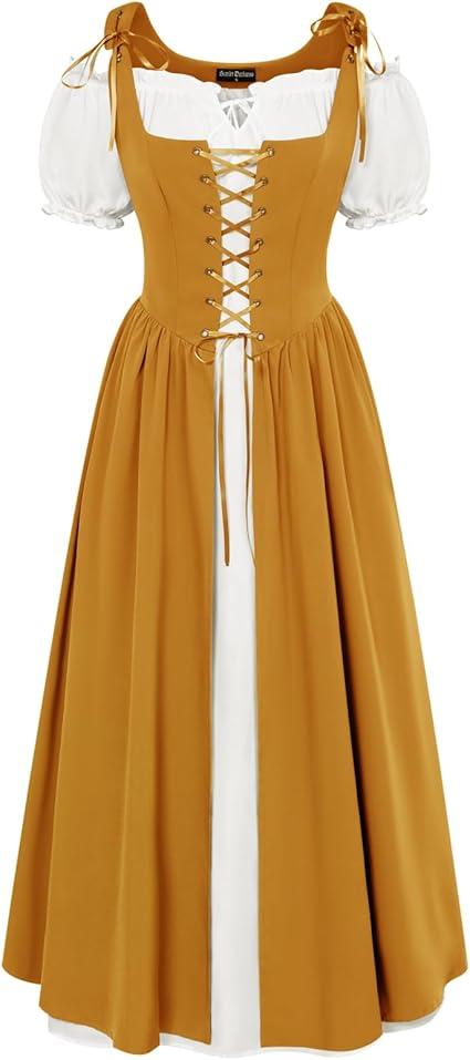 Scarlet Darkness Women Renaissance Dress Peasant Medieval Dress Short Sleeve Maxi Dress, Size 2XL