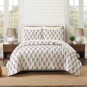 Laurel & Mayfair Mughal Flower Block Print Quilt and Pillow Sham Set, Vintage Rustic Cottage Lightweight Cotton Voile 3-Piece Bedding Set, King Size, Cream
