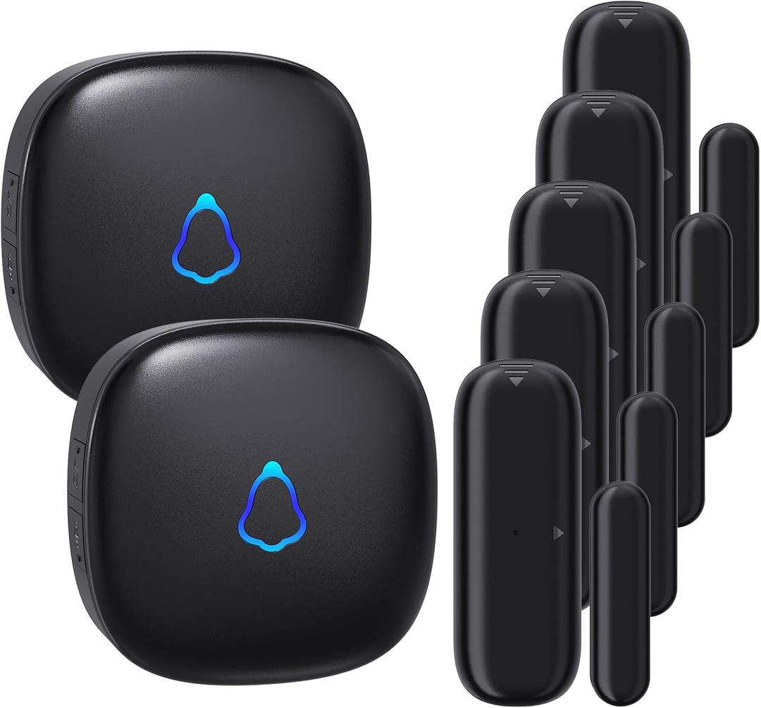 Door Chime, METAK Wireless Door Open Contact Sensor Alarm with 500 FT Range, 58 Chimes and 5 Volume Levels for Business/Store/Home/Office When Entering, 5 Transmitters + 2 Plug-in Receivers (Black)