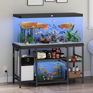 MAHANCRIS 55-75 Gallon Fish Tank Stand with Power Outlet, 3-Tier Metal Frame Aquarium Stand, Heavy Duty Reptile Terrarium Tank Stand, 52.0" L x 19.7" W x 29.9" H, 800 LBS Capacity, Black FTBK55E01