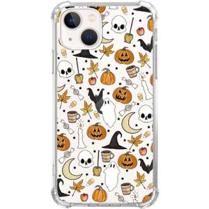 Fall Autumn Leaves Pumpkin Clear Case Compatible with iPhone 13, Halloween Ghost Skull Pattern Cover for iPhone 13, Cool Clear TPU Bumper Phone Case Cover