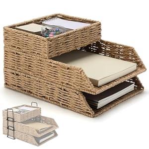Geelin 3 Pack Paper Rope Woven Stackable Desk Organizer Letter Tray, Brown Tabletop Desk Basket for Storage Paper Letter Folders Notebooks Copy Print, Workspace Holder