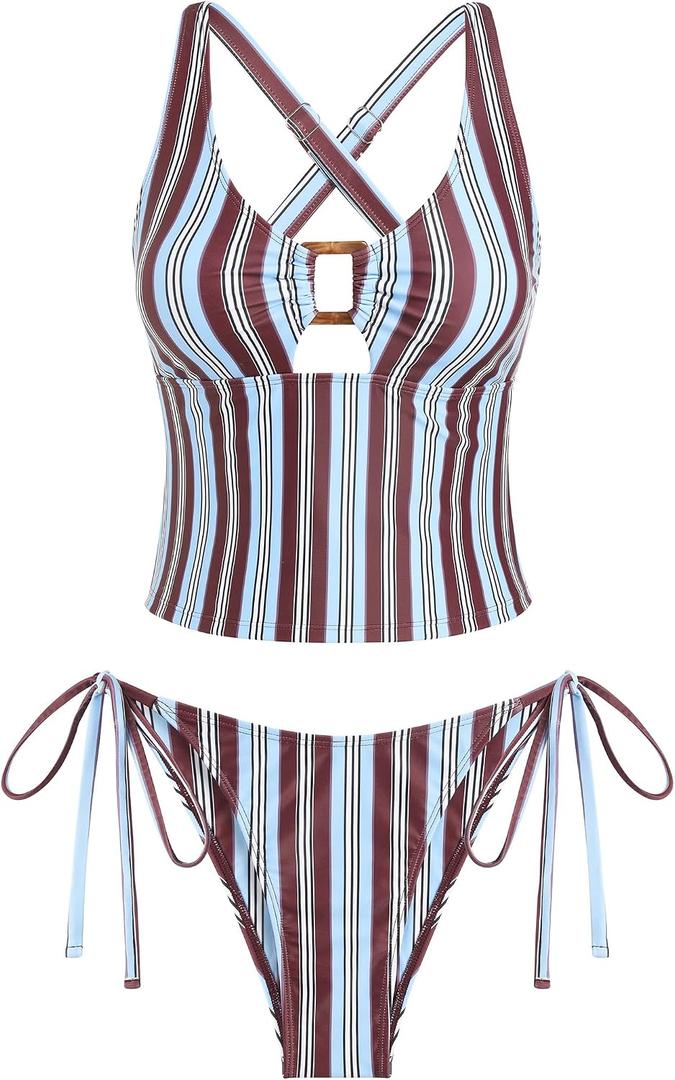 ZAFUL Women's Tankini Set V Neck Tummy Control Floral Printed Tie Side Thong Bikini Swimsuits 2 Piece Bathing Suits M