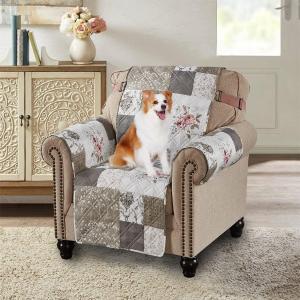 Brilliant Sunshine Rose and Toile Patchwork Quilted Chair Slipcover, 23" Seat Width, Slip Resistant Furniture Protector, 2" Strap, Washable Armchair Cover for Pets, Kids, Dogs, Cats, Rose Grey