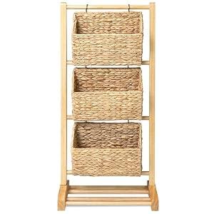 HOMESTEAD 3-Tier Wooden Shelf with Water Hyacinth Woven Baskets – Rattan Shelf Basket, Boho Room Decor, Wooden Book Shelf, Bathroom Storage Shelves, Kitchen, Laundry, Living Room (Natural)