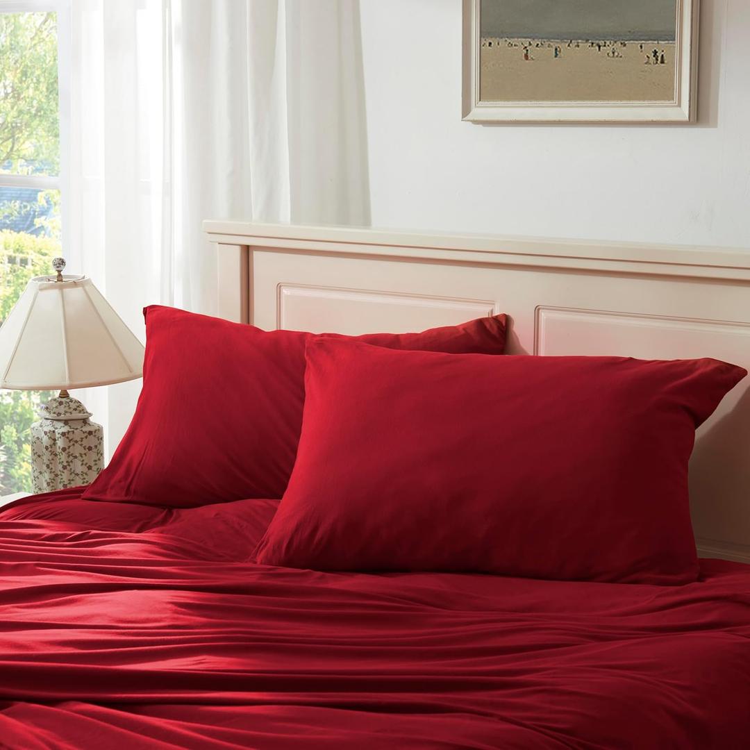 Household 100% Jersey Cotton Pillowcase 20x30-Light Weight, Comfortable, Super Soft Pillow Case with Envelope Closure Extremely Durable Set of 2 (Red, Queen Size Pillowcase (20" x 30"))