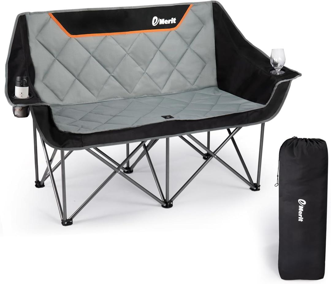 EMERIT Oversized Double Duo Camping Chair Folding Camping Loveseat 2 Person Camping Couch Heavy Duty Lawn Chairs for Outside with Padded Seats & Armrests-Support 650LBS (Black)