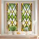 Window Privacy Film, Stained Glass Rainbow Decorative Window Cling for Glass Door, Static Cling Non Adhesive Privacy Covering, Sun Blocking UV Film for Home Office (Geometric Glass Floral)