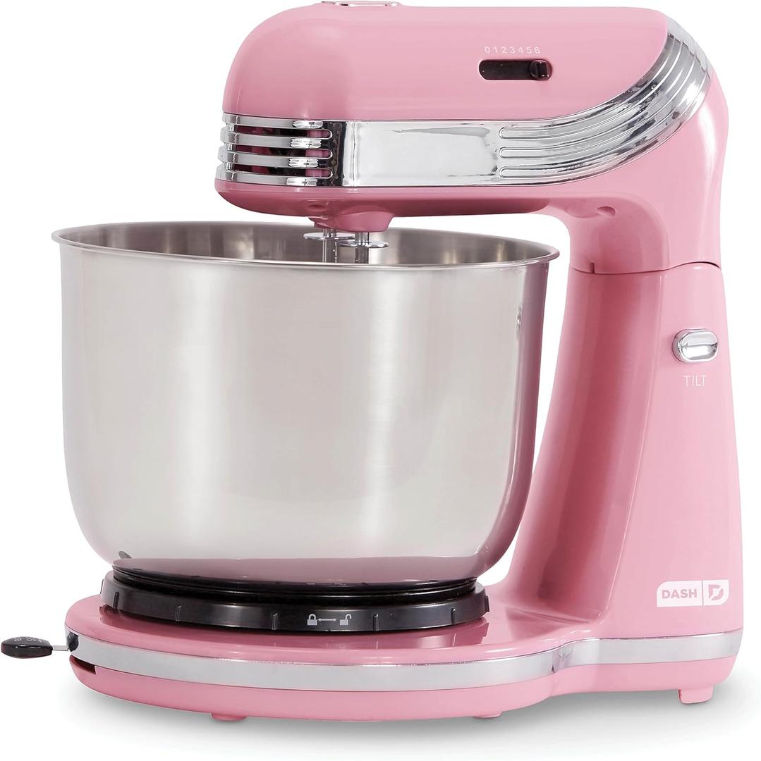 Dash Stand Mixer (Electric Mixer for Everyday Use): 6 Speed Stand Mixer with 3 Quart Stainless Steel Mixing Bowl, Dough Hooks & Mixer Beaters for Dressings, Frosting, Meringues & More - Pink