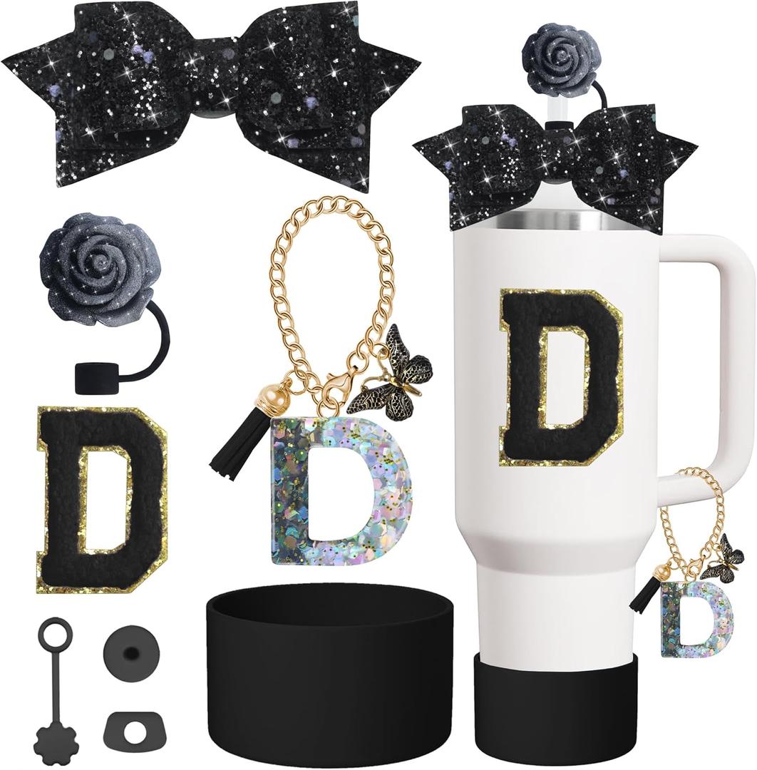 2 x 8PCS Cup Accessories Set for Stanley Cup 30oz 40oz tumbler with handle,Including Silicone Straw Topper Cover Cap and Boot,Spill Proof Stopper,Handle Charm,Initials Sticker (Black rose D)