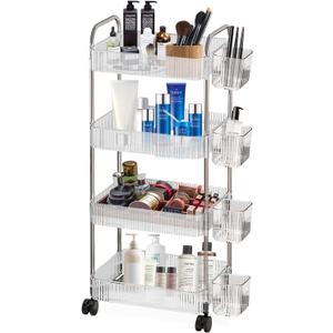 4 Tier Rolling Cart with Hanging Basket, Acrylic Storage Carts with Lockable Wheels, Utility Carts Storage Organizer Serving Cart for Office, Living Room, Kitchen, Bathroom