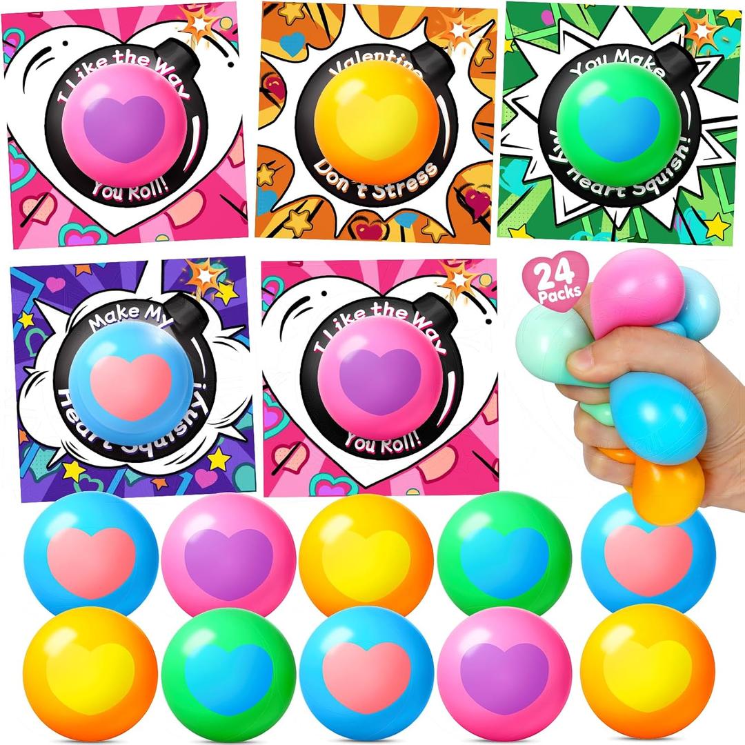 Valentines Day Cards for Kids School, 24 Pack Heart Stress Balls Valentine Day Gifts for Boys Girls, Squeeze Toys for Valentine Party Favor, Ideal Valentines Gifts for Classroom Exchange Prize