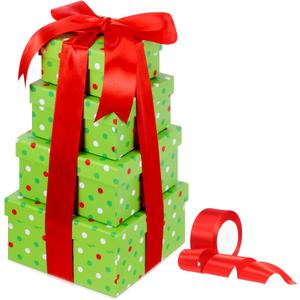 Clabby 4 Pcs Valentine Nesting Gift Boxes with Lids, Square Stacking, Assorted Sizes Decorative Boxes with Ribbon for Presents for Birthdays Christmas Mother's Day DIY(Polka Dot,Lime Green)