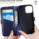 VISOUL Phone Case Wallet for iPhone 15 Pro, Genuine Leather Folio Case with Card Holder Magnetic Flaps Closure Flip Cover Designed for iPhone 15 Pro(6.1-inch)(Blue+Navy Blue)