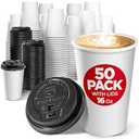 Disposable White Coffee Cups with Lids 16 oz (50 Pack) - To Go Paper Coffee Cups for Hot & Cold Beverages, Coffee, Tea, Hot Chocolate, Water, Juice - Eco Friendly Cups
