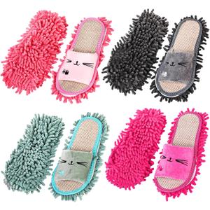 Bekith 4 Pairs Washable Mop Slippers, Detachable Microfiber Cleaning Shoes for Women Men Home Office Floor Dust Dirt Clean, Medium