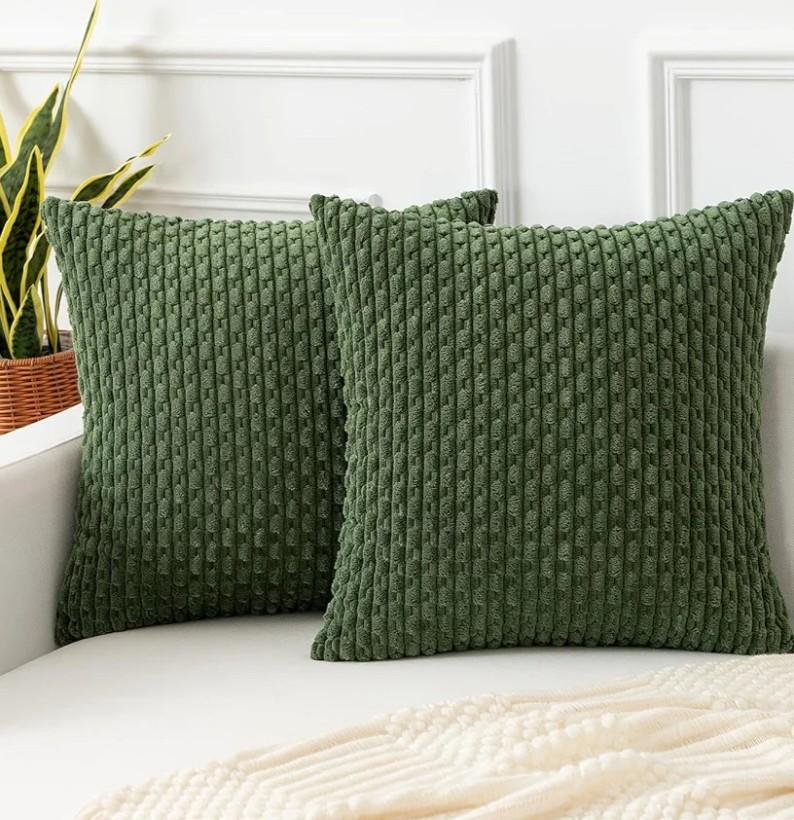 Kevin Textile Spring Throw Pillow Covers Soft Corduroy Decorative Set of 2 Boho Striped Pillow Covers Pillowcases Farmhouse Home Decor for Couch Bed Sofa Living Room 18x18 Inch Moss Green