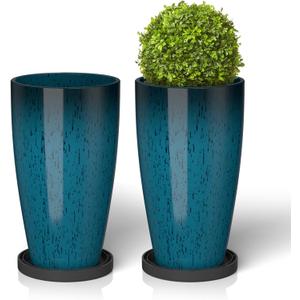 ZMTECH 21 Inch Tall Plant Pots for Indoor & Outdoor Use Set of 2, Large Plastic Planters with Removable Tray for Outside with Drainage Holes for Front Porch Patio Garden, Gradient Dark Teal (21 Inch, Round, Blue)