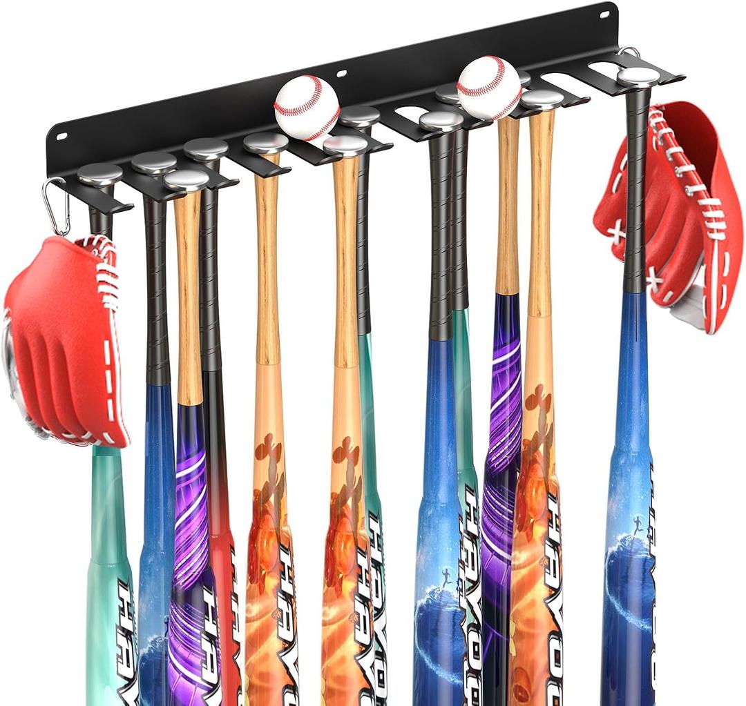 QBA Wall Mount Baseball Bat Holder, Heavy Duty Metal Bat Rack, Holds 22 Bats, Bats Organizer for Dugout Fence Home Garage (Black)