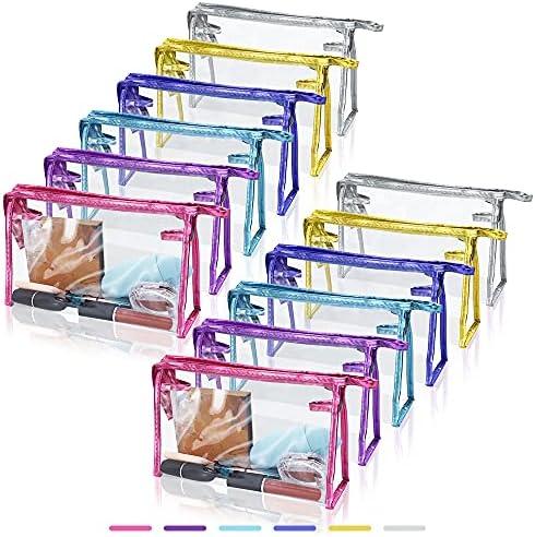 SITAKE 12 Pcs Portable Transparent Cosmetic Bags, Clear Waterproof Makeup Bags with Handle, PVC Travel Toiletry Bags Pouches, Clear Pencil Cases, Stationary Organizers(6 Colors)