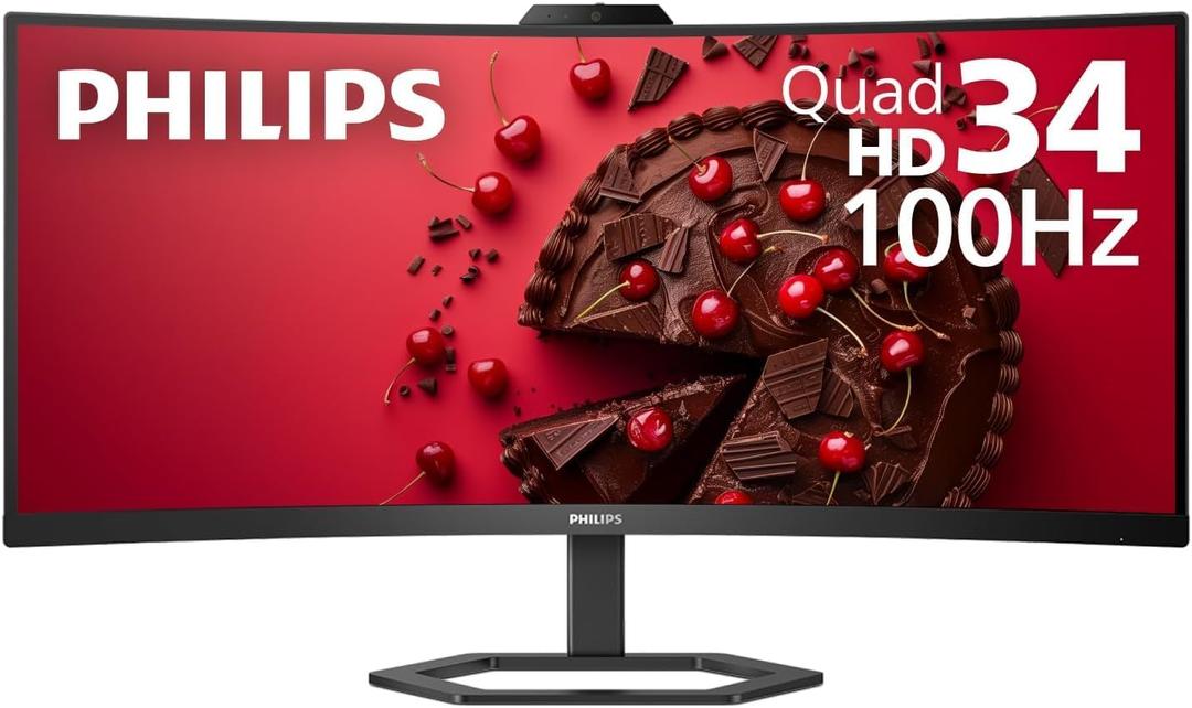 Philips 34E1C5600HE 34" UltraWide QHD 21:9 Monitor with Built-in Windows Hello Webcam & Noise Canceling Mic, USB-C Docking, Stereo Speakers, 100Hz, 4-Year Advance Replacement,Black
