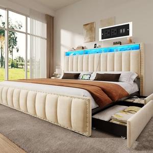 YITAHOME King Size Bed Frame with 4 Storage Drawers and RGB Lights, Velvet Upholstered Platform Bed with Charging Station and Storage Headboard, No Box Spring Needed, Noise-Free, Easy Assembly, Beige