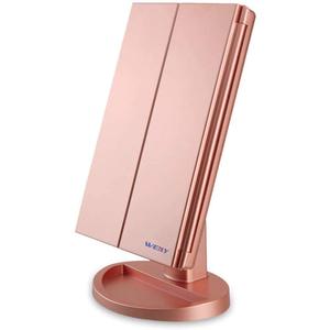 WEILY Makeup Mirror with 21 LED Lights,Two Power Supply, Touch Screen and 1x/2x/3x Magnification TriFold Vanity Mirror for Makeup Desk(Rose Gold)