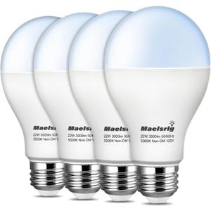 Maelsrlg 200 Watt LED Bulb Equivalent, A21 22W 3000 Lumen LED Light Bulb, Daylight 5000K, Non-Dimmable E26 Medium Base 120V-High Output 200W LED Light Bulbs for Garage, Shop, Warehouse, 4-Pack