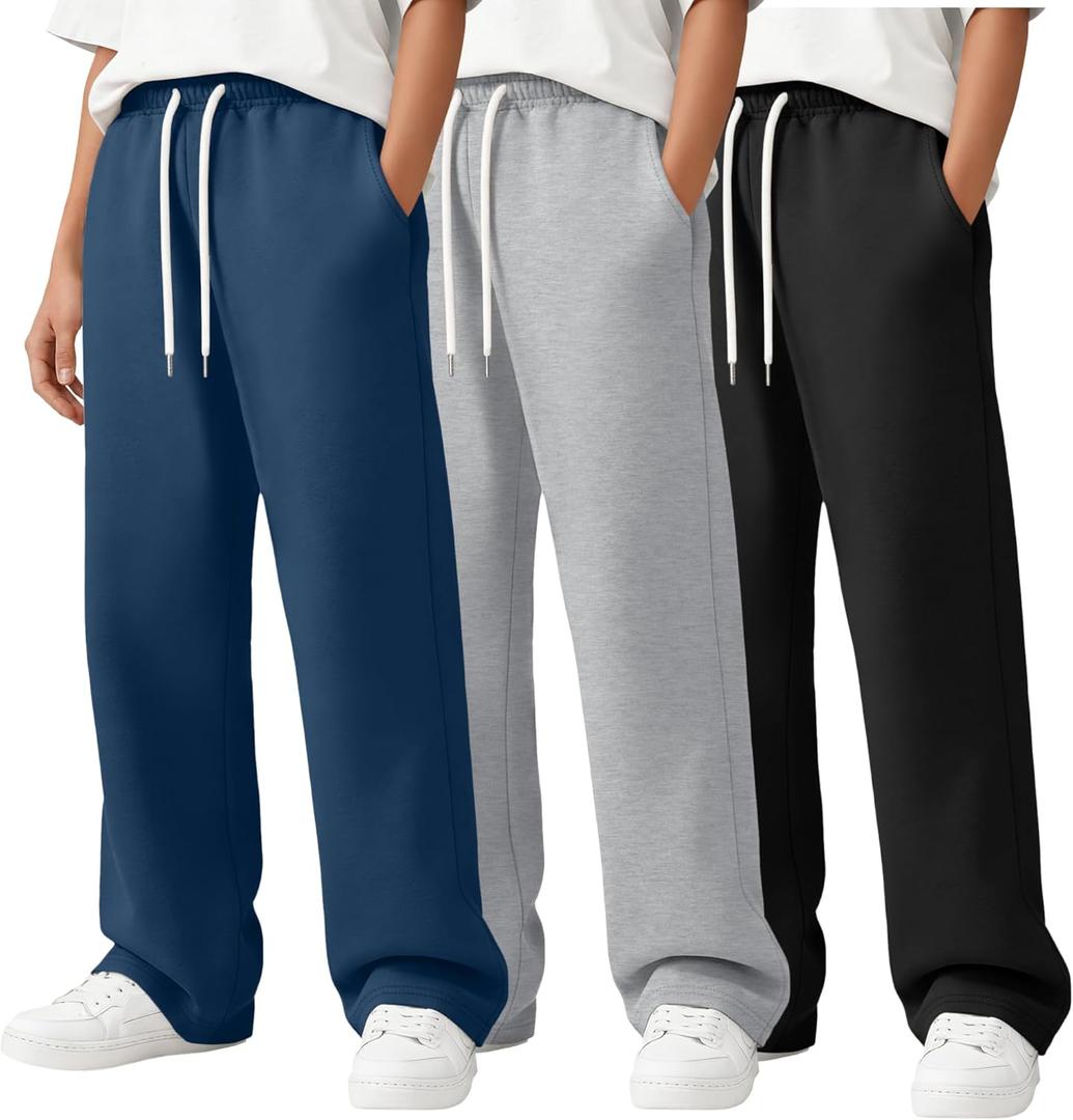 3 Pack Boys Straight Leg Sweatpant Kids Open Bottom Drawstring Athletic Jogger Baggy Elastic Waist Pant with Pocket (13-14 Years, Black, Royal Blue, Light Gray)